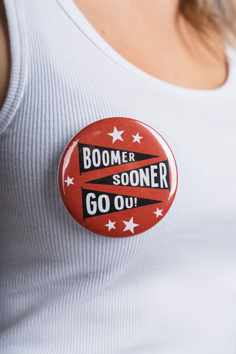OU OU Boomer Sooner flag 3 inch button button Crimson | Lush Fashion Lounge Trendy Oklahoma University Sooners Apparel & Cute Gameday T-Shirts