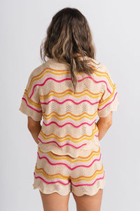 Crochet wave print top beige - Adorable Top - Stylish Vacation T-Shirts at Lush Fashion Lounge Boutique in Oklahoma City