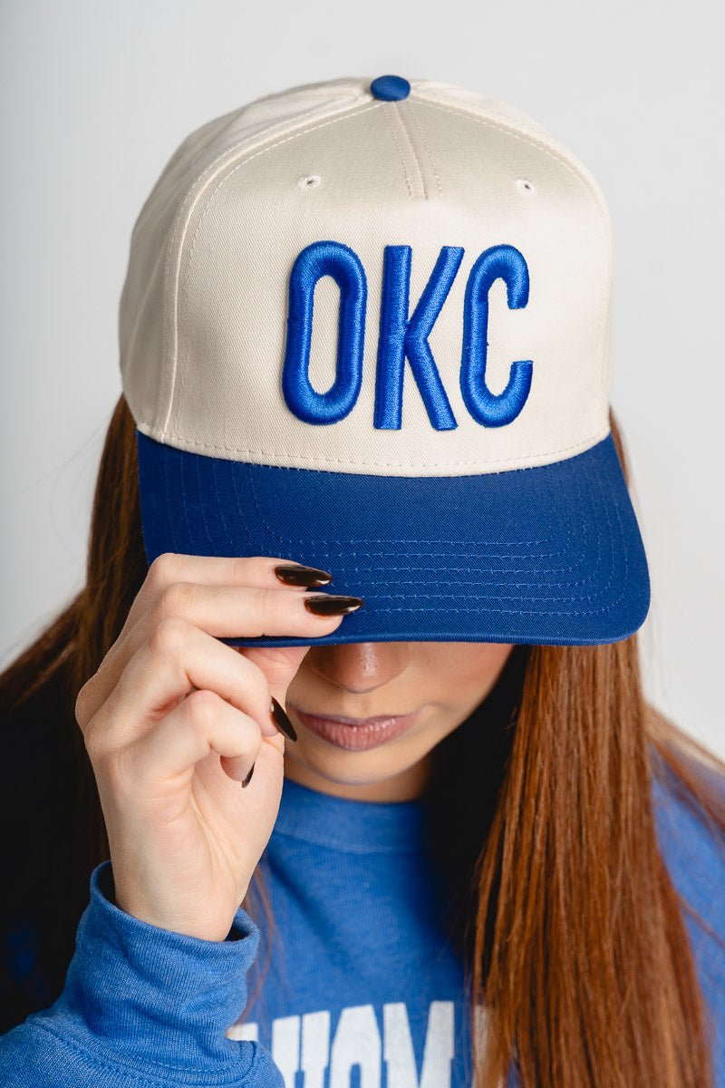 OKC two tone hat natural/royal - Trendy Hats at Lush Fashion Lounge Boutique in Oklahoma City