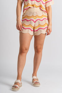 Crochet wave print shorts beige - Cute Shorts - Fun Vacay Basics at Lush Fashion Lounge Boutique in Oklahoma City
