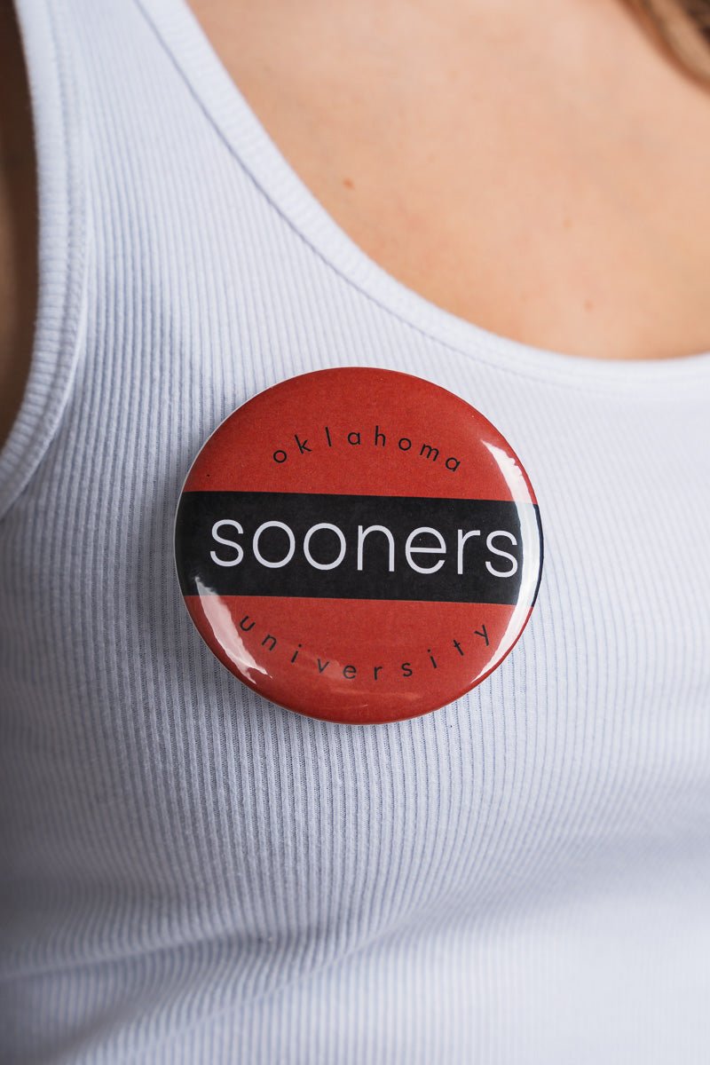 OU OU Sooners University 3 inch button button | Lush Fashion Lounge Trendy Oklahoma University Sooners Apparel & Cute Gameday T-Shirts