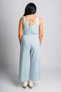 Sleeveless denim jumpsuit light blue - Affordable Jumpsuit - Boutique Rompers & Pantsuits at Lush Fashion Lounge Boutique in Oklahoma City