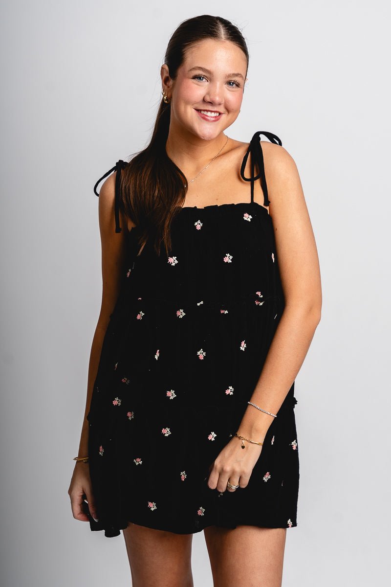 Tiered floral mini dress black - Affordable dress - Boutique Dresses at Lush Fashion Lounge Boutique in Oklahoma City