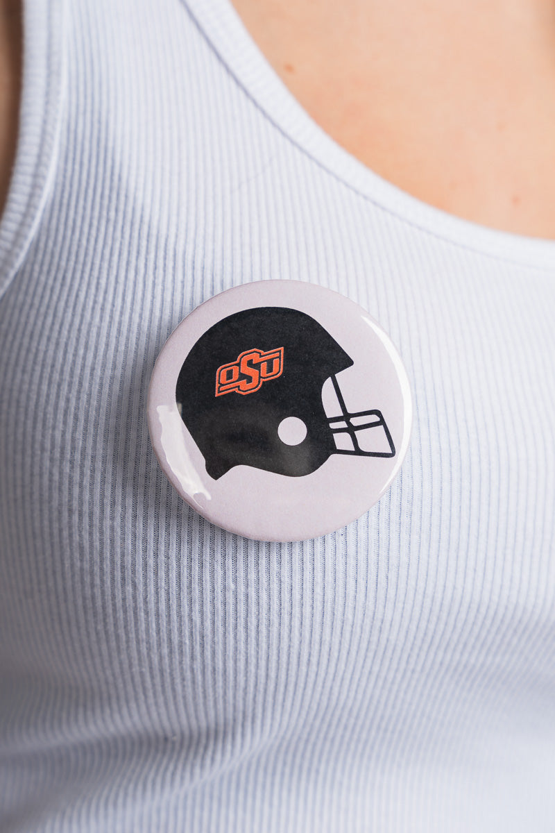 OSU OSU helmet 2.25 inch button button White | Lush Fashion Lounge Trendy Oklahoma State Cowboys Apparel & Cute Gameday T-Shirts