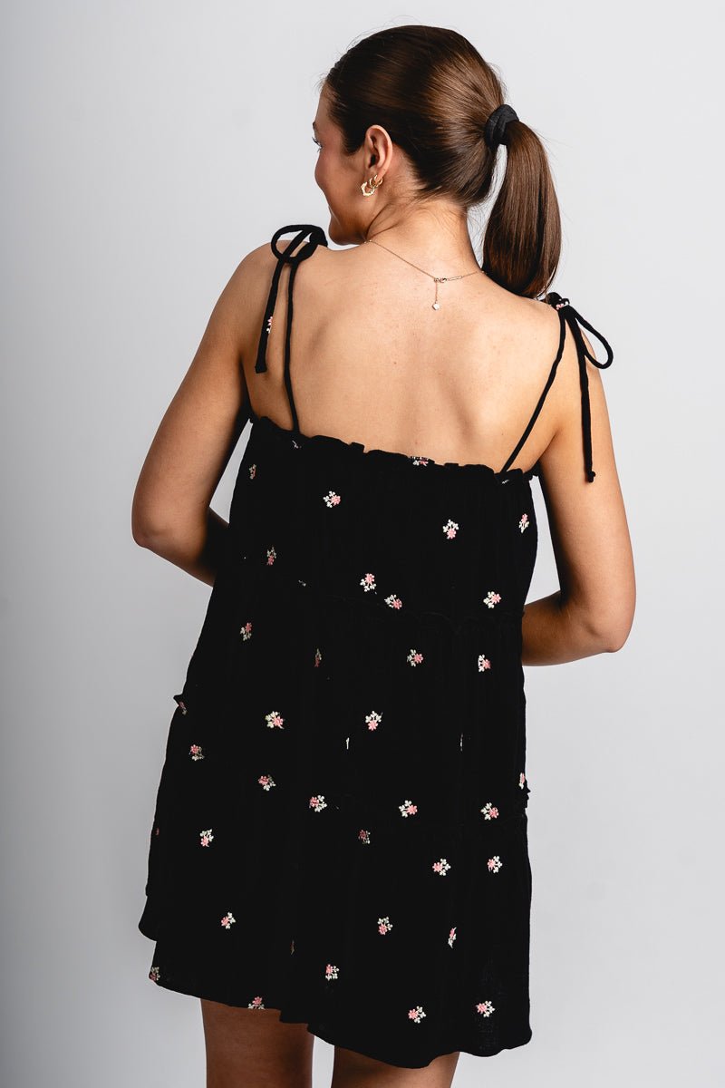 Tiered floral mini dress black