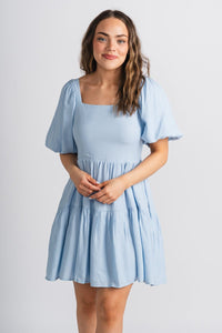 Bubble sleeve dress light blue - Affordable dress - Boutique Dresses at Lush Fashion Lounge Boutique in Oklahoma City
