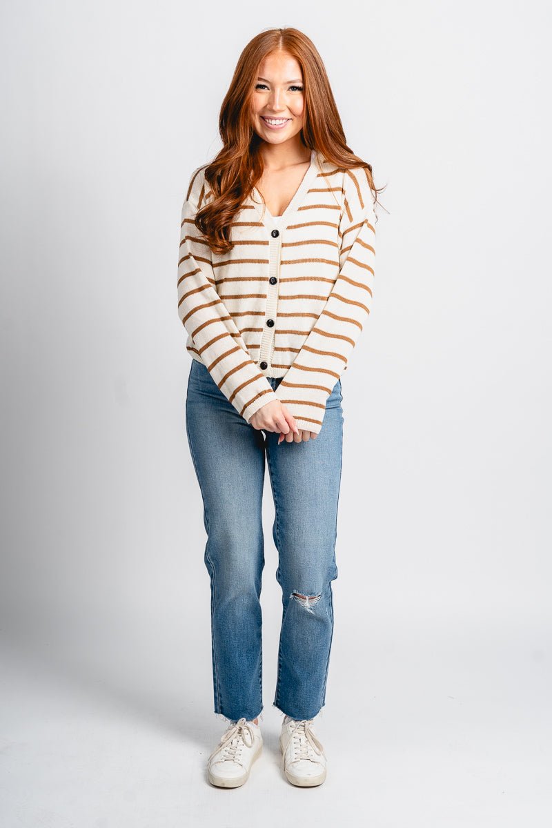 Lightweight striped cardigan camel - Trendy cardigan - Fashion Cardigans & Cute Kimonos at Lush Fashion Lounge Boutique in Oklahoma City
