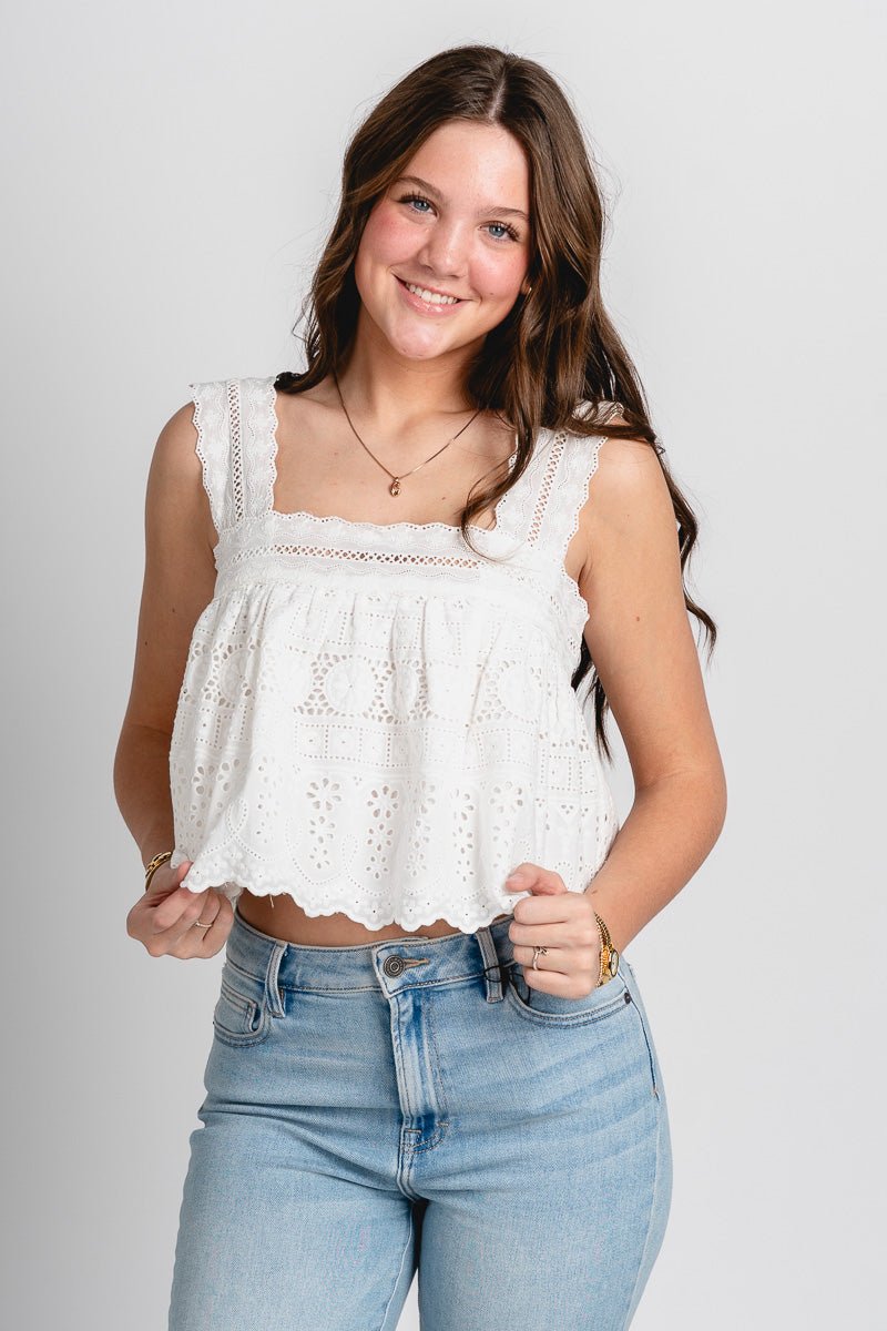 Square neck lace top off white - Trendy top - Fun Easter Looks at Lush Fashion Lounge Boutique in Oklahoma