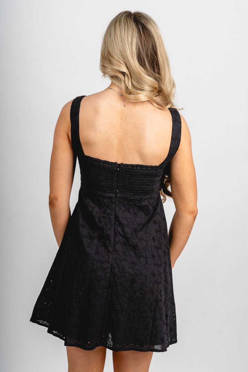 Eyelet lace flare mini dress black