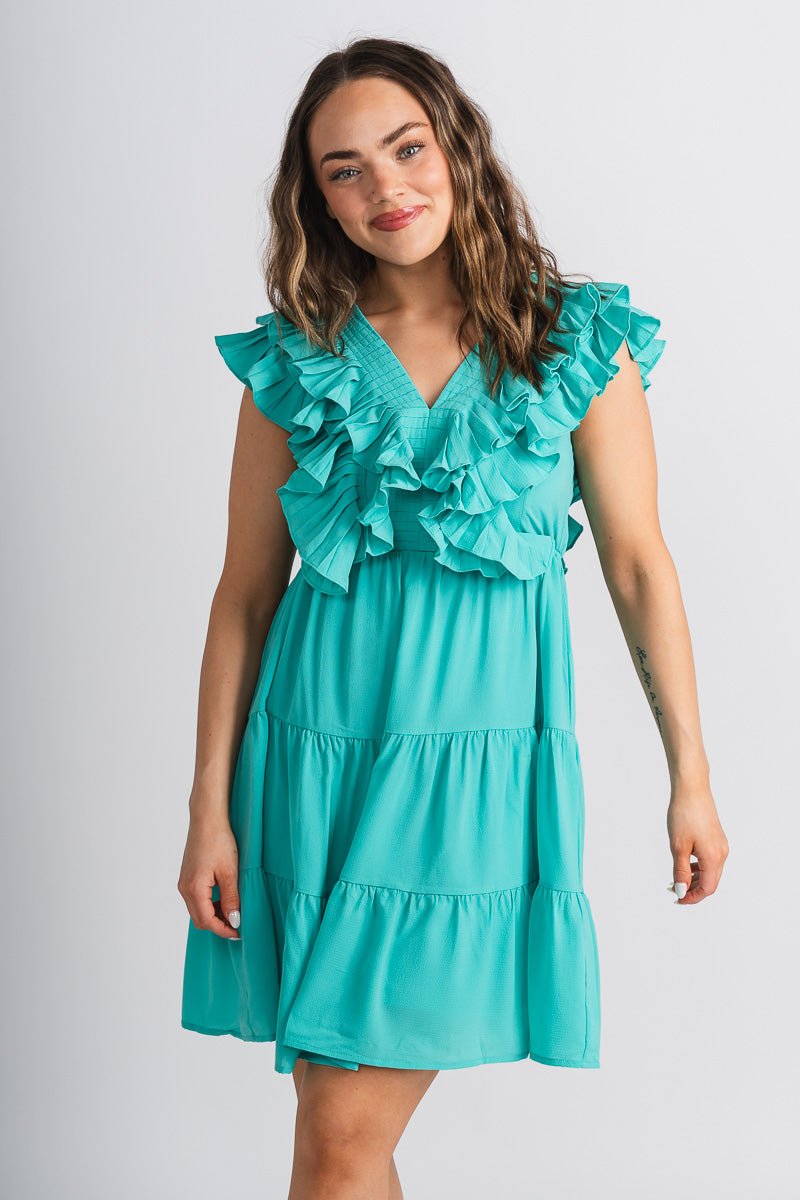 Ruffle chiffon tiered dress jade - Trendy dress - Cute Vacation Collection at Lush Fashion Lounge Boutique in Oklahoma City