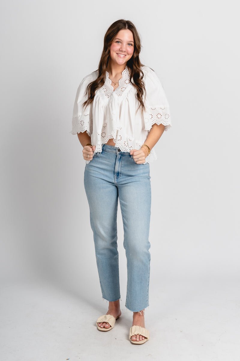 Bubble sleeve lace blouse white - Cute top - Trendy Easter Clothing Line at Lush Fashion Lounge Boutique in Oklahoma