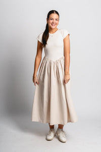 Ribbed combo midi dress cream - Cute dress - Trendy Dresses at Lush Fashion Lounge Boutique in Oklahoma City