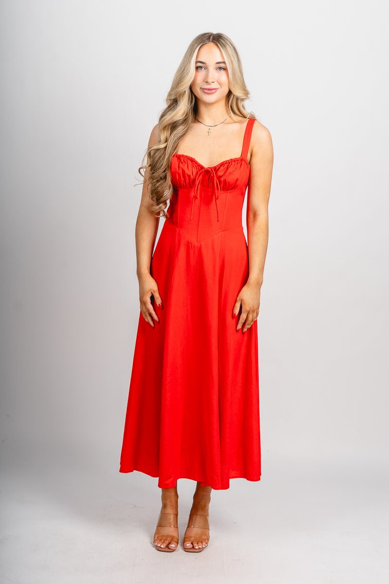 Sleeveless corset midi dress red rouge - Cute dress - Trendy Dresses at Lush Fashion Lounge Boutique in Oklahoma City