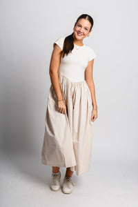 Ribbed combo midi dress cream - Trendy dress - Fashion Dresses at Lush Fashion Lounge Boutique in Oklahoma City