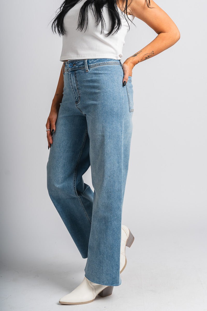 High rise wide leg jeans light blue | Lush Fashion Lounge: boutique women's jeans, fashion jeans for women, affordable fashion jeans, cute boutique jeans