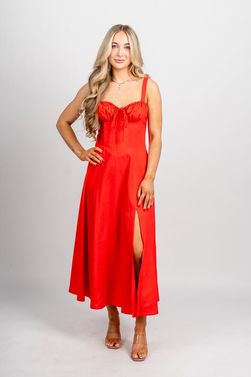 Sleeveless corset midi dress red rouge - Affordable dress - Boutique Dresses at Lush Fashion Lounge Boutique in Oklahoma City