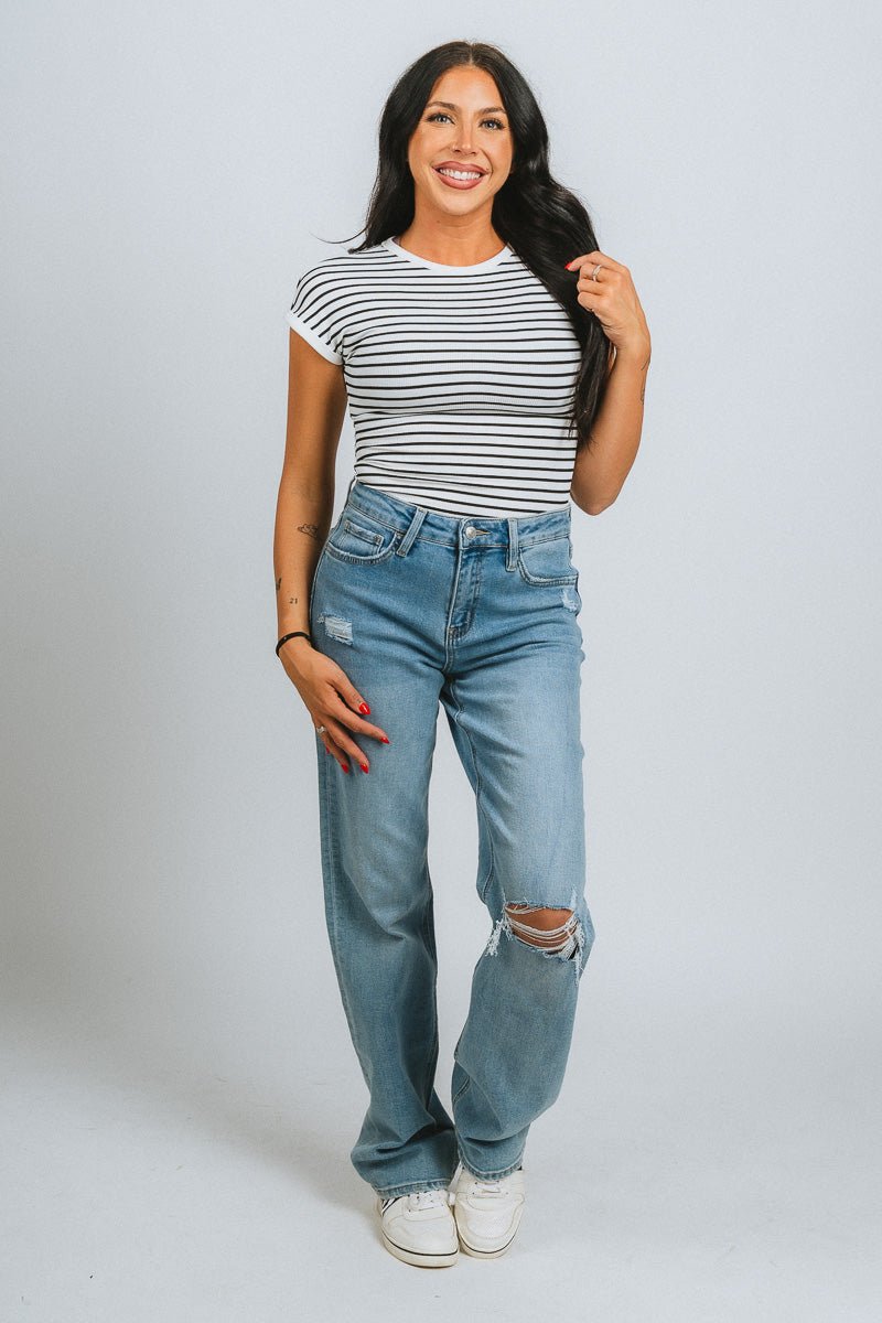 Striped cap sleeve bodysuit white/black - Trendy Bodysuit - Fashion Bodysuits at Lush Fashion Lounge Boutique in Oklahoma City