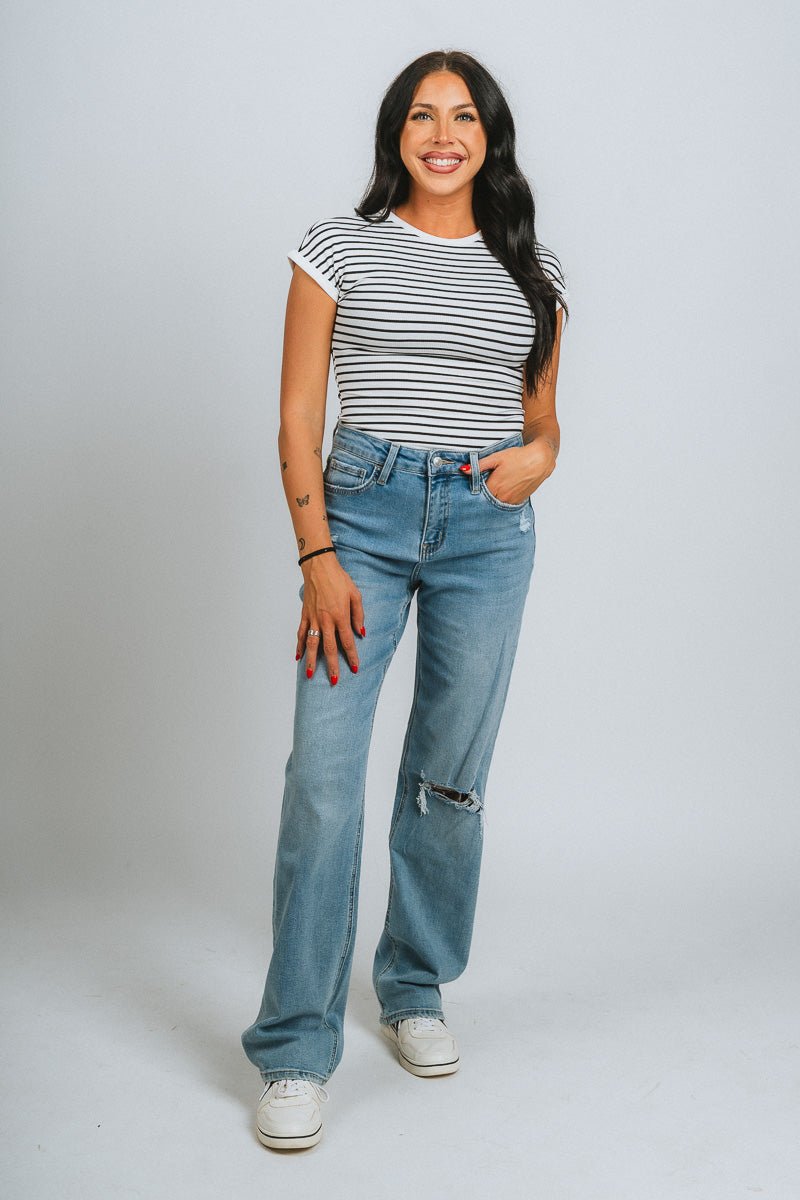 Striped cap sleeve bodysuit white/black Stylish Bodysuit - Womens Fashion Bodysuits at Lush Fashion Lounge Boutique in Oklahoma City