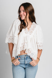 Bubble sleeve lace blouse white - Trendy top - Fun Easter Looks at Lush Fashion Lounge Boutique in Oklahoma