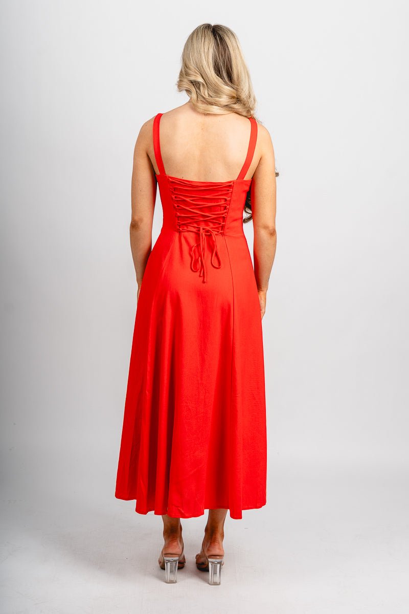 Sleeveless corset midi dress red rouge Stylish dress - Womens Fashion Dresses at Lush Fashion Lounge Boutique in Oklahoma City