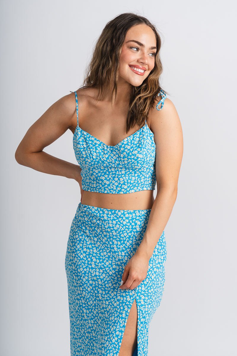Tie strap floral crop top light blue/white - Cute top - Fun Vacay Basics at Lush Fashion Lounge Boutique in Oklahoma City