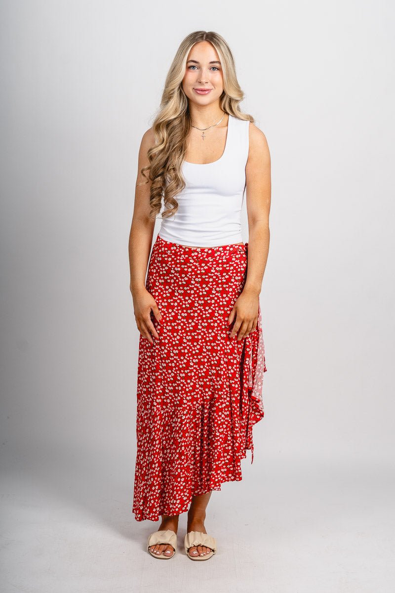 Floral wrap midi skirt red | Lush Fashion Lounge: boutique fashion skirts, affordable boutique skirts, cute affordable skirts