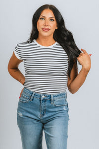 Striped cap sleeve bodysuit white/black - Cute Bodysuit - Trendy Bodysuits at Lush Fashion Lounge Boutique in Oklahoma City