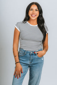 Striped cap sleeve bodysuit white/black - Affordable Bodysuit - Boutique Bodysuits at Lush Fashion Lounge Boutique in Oklahoma City