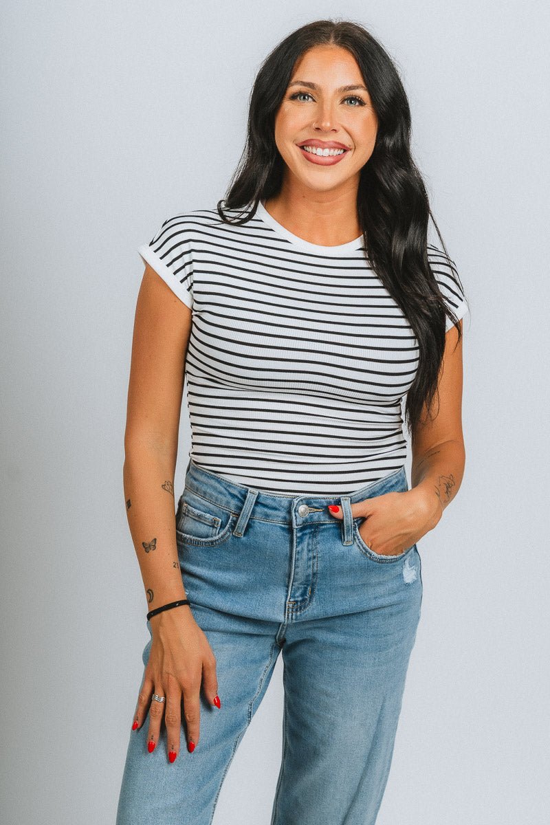 Striped cap sleeve bodysuit white/black - Affordable Bodysuit - Boutique Bodysuits at Lush Fashion Lounge Boutique in Oklahoma City