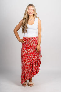Floral wrap midi skirt red | Lush Fashion Lounge: boutique fashion skirts, affordable boutique skirts, cute affordable skirts