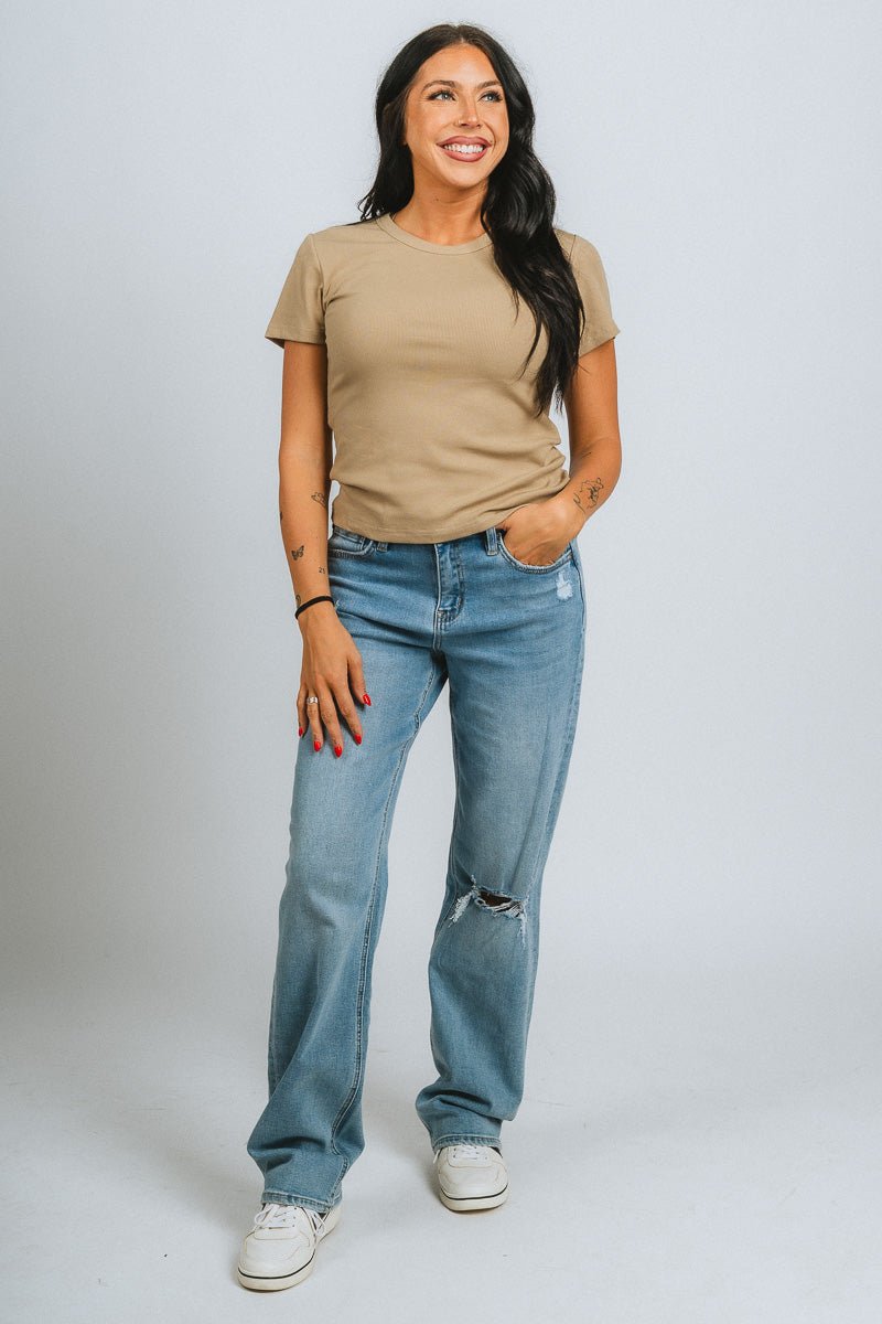 Ribbed short sleeve top taupe