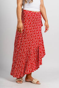 Floral wrap midi skirt red | Lush Fashion Lounge: boutique fashion skirts, affordable boutique skirts, cute affordable skirts