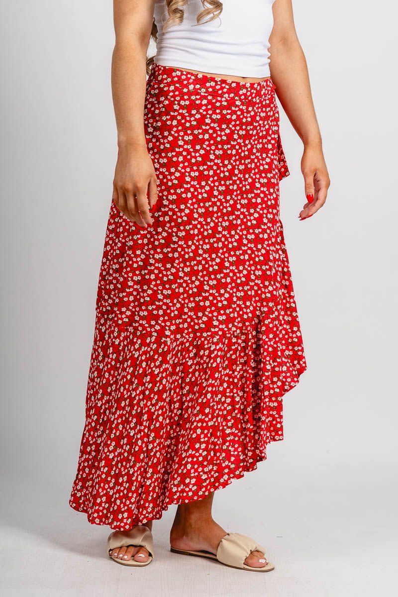 Floral wrap midi skirt red | Lush Fashion Lounge: boutique fashion skirts, affordable boutique skirts, cute affordable skirts