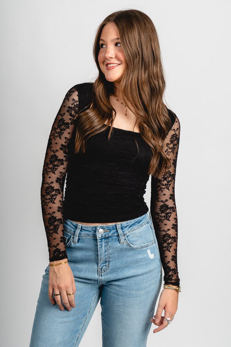 Ruched lace top black