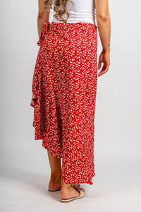 Floral wrap midi skirt red | Lush Fashion Lounge: boutique fashion skirts, affordable boutique skirts, cute affordable skirts