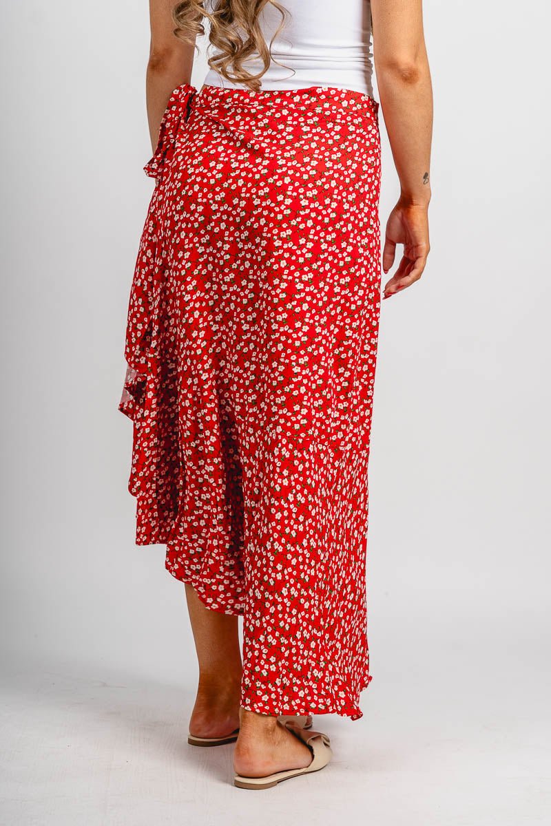 Floral wrap midi skirt red | Lush Fashion Lounge: boutique fashion skirts, affordable boutique skirts, cute affordable skirts