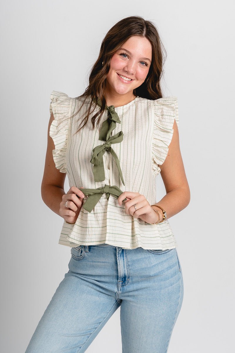 Stripe tie front blouse green - Stylish top - Cute Easter Outfits at Lush Fashion Lounge Boutique in Oklahoma