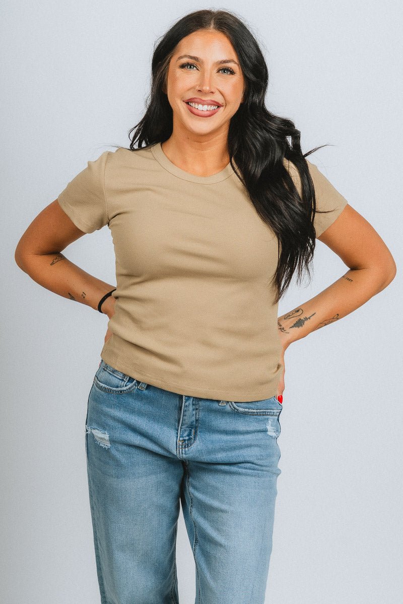 Ribbed short sleeve top taupe