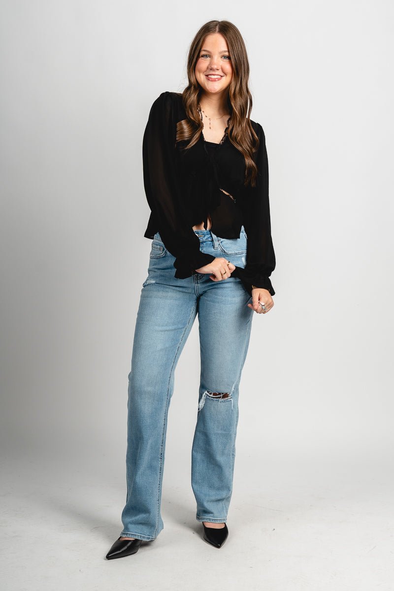 Lace trim chiffon blouse black