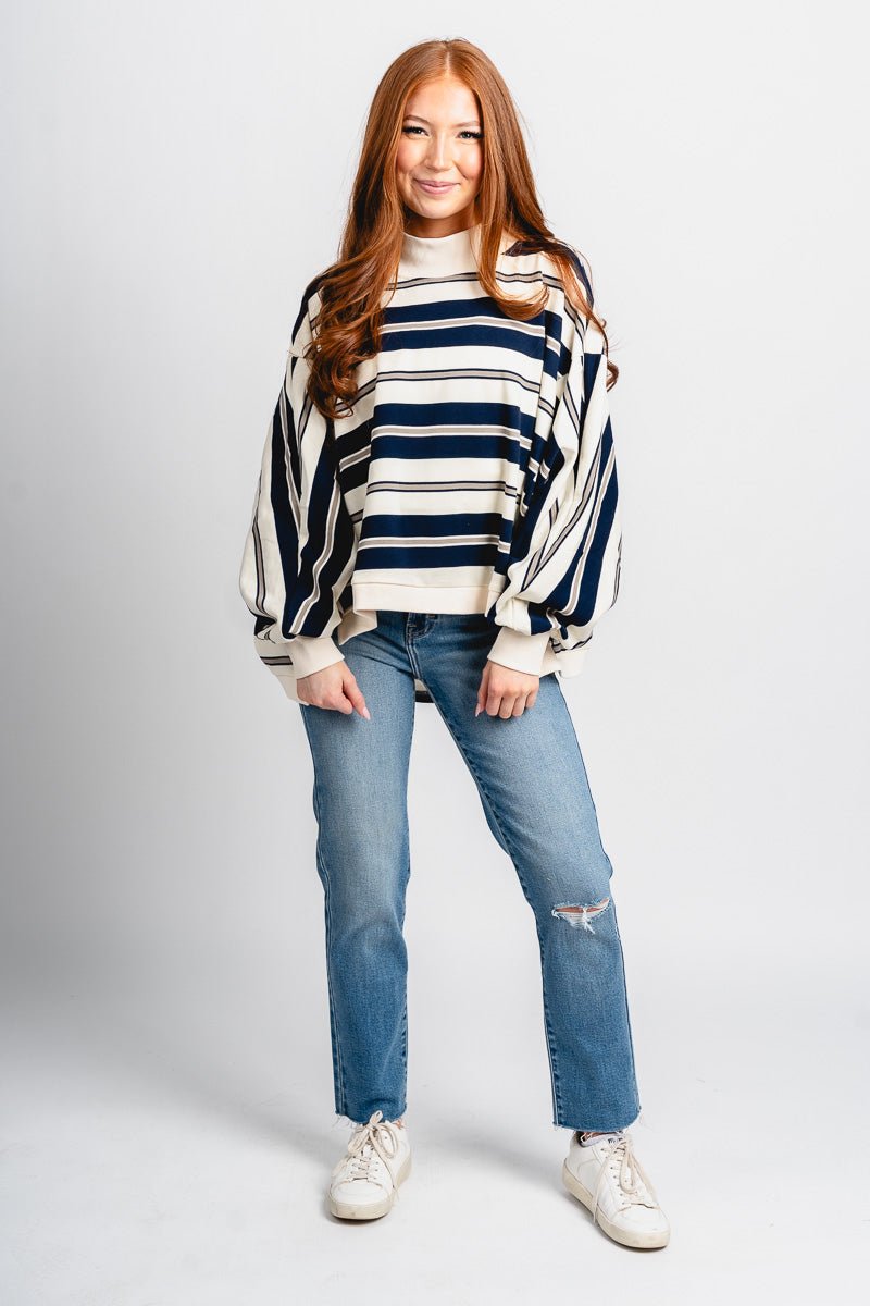 Mock neck oversized striped sweatshirt navy