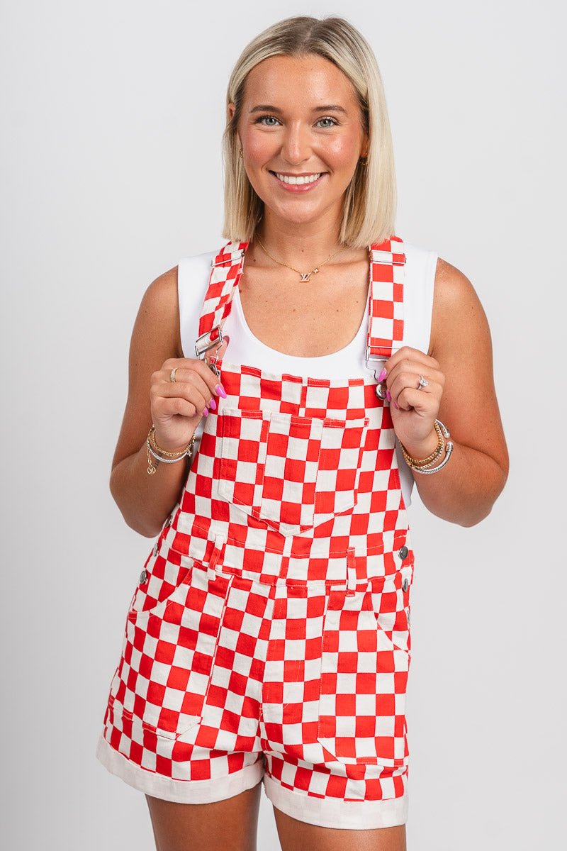 Checkered overalls red/white - Affordable overalls - Boutique Rompers & Pantsuits at Lush Fashion Lounge Boutique in Oklahoma City