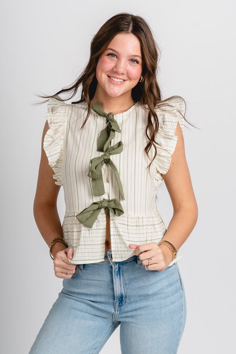 Stripe tie front blouse green - Trendy top - Fun Easter Looks at Lush Fashion Lounge Boutique in Oklahoma