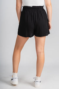 Ruffle waist shorts black Stylish Shorts - Womens Fashion Shorts at Lush Fashion Lounge Boutique in Oklahoma City