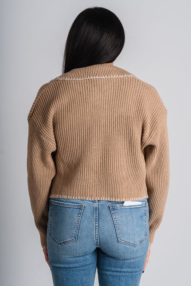 Stitch detail sweater cardigan tan/white