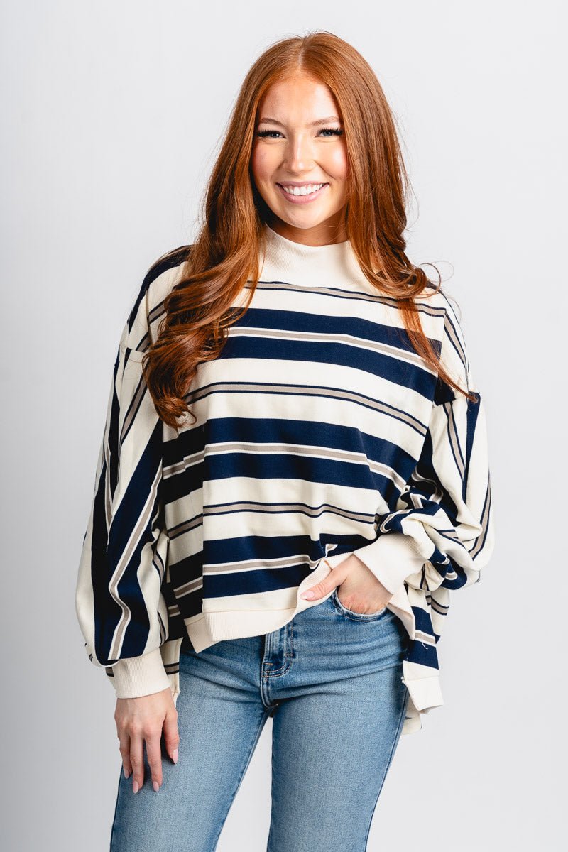 Mock neck oversized striped sweatshirt navy