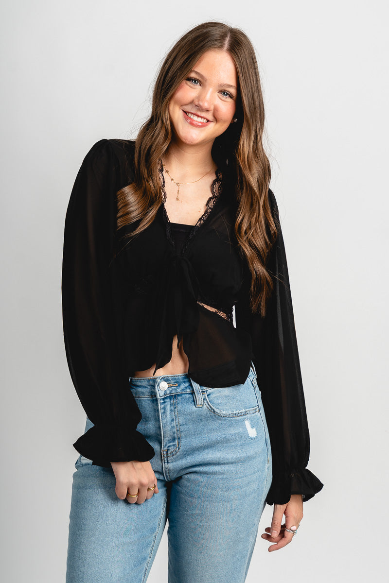 Lace trim chiffon blouse black