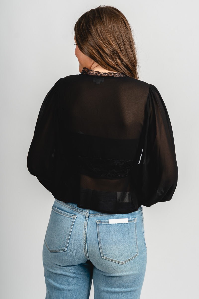 Lace trim chiffon blouse black
