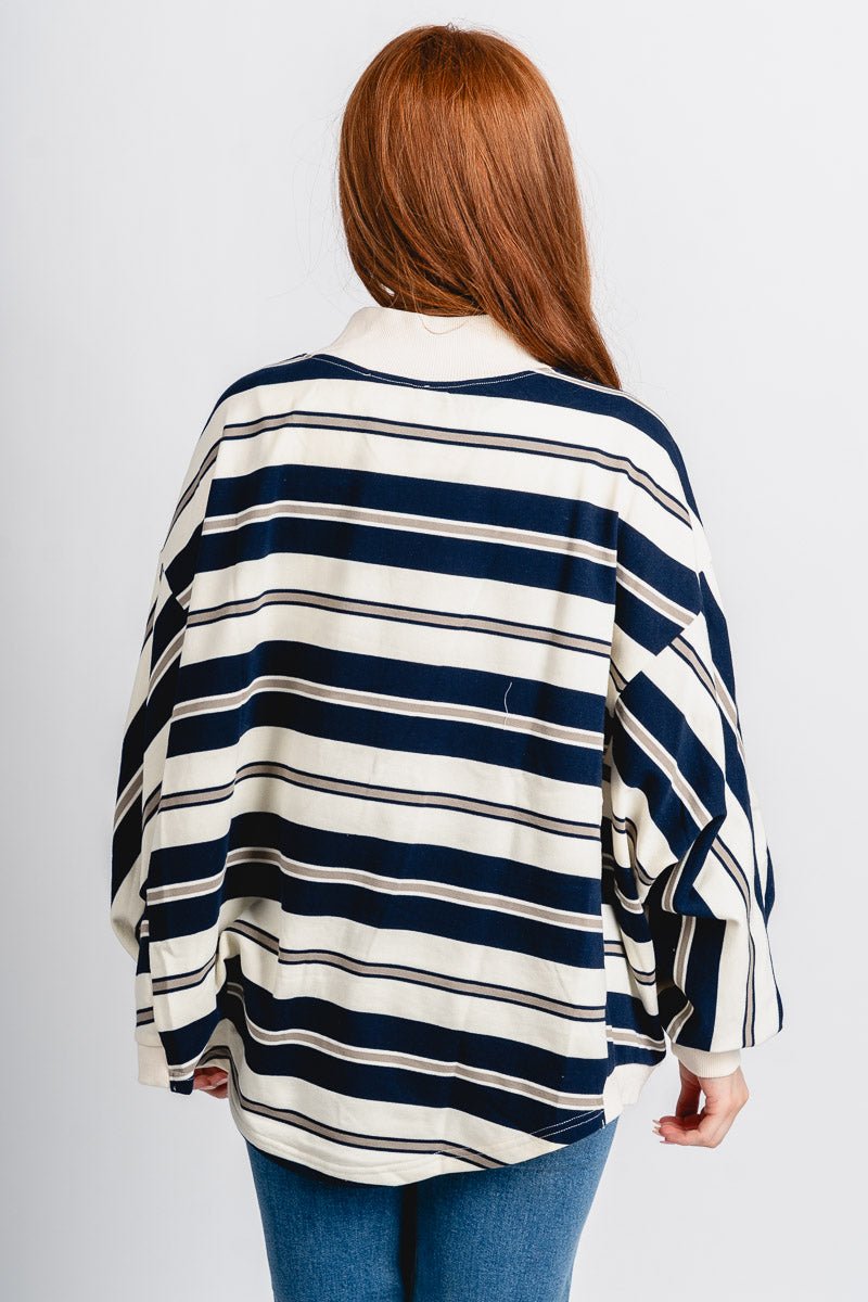 Mock neck oversized striped sweatshirt navy