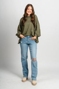 Boxy pocket sweater olive - Trendy Sweaters | Cute Pullover Sweaters at Lush Fashion Lounge Boutique in Oklahoma City