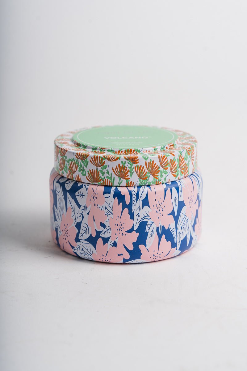 Capri blue pattern play print travel tin Volcano - Trendy Candles and Scents at Lush Fashion Lounge Boutique in Oklahoma City